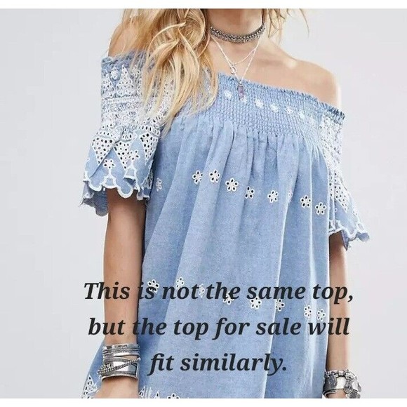 Now And Forever Chambray Off The Shoulder Tunic Size Large Blue Embroidery Boho - Picture 11 of 11